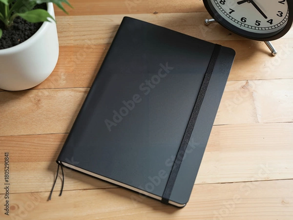 Fototapeta Black notebook mockup, in black and wood tones, for professional branding [with copy space]