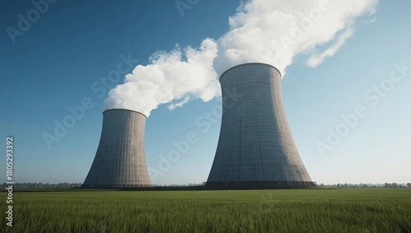 Obraz A coal power plant cooling tower with light smoke rising into the blue sky, green grass in the foreground, minimal composition, ultra-detailed textures, and sharp industrial clarity