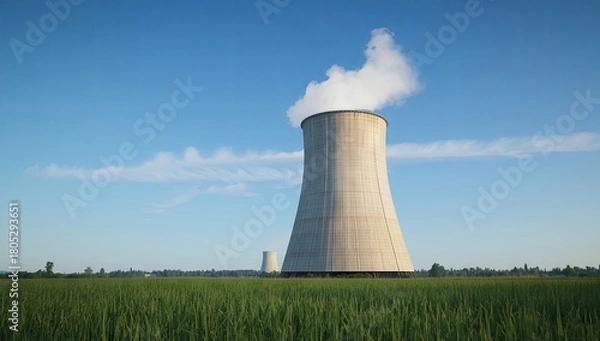 Obraz Coal plant cooling tower releasing subtle smoke, set against a blue sky with grassy foreground, minimal industrial composition, sharp photorealistic textures, perfect for energy-related visuals