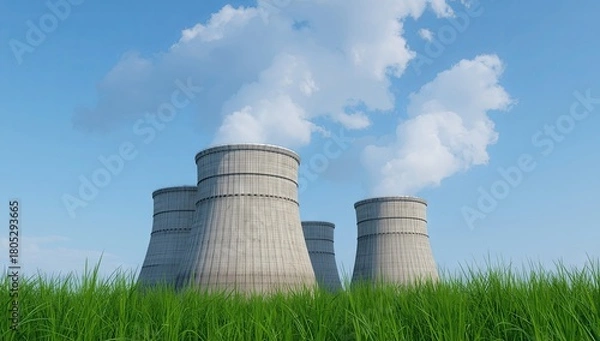 Obraz Cooling tower at a coal facility, faint smoke rising, green grass in foreground, clean minimal composition, clear sky, high-resolution textures, and professional industrial look