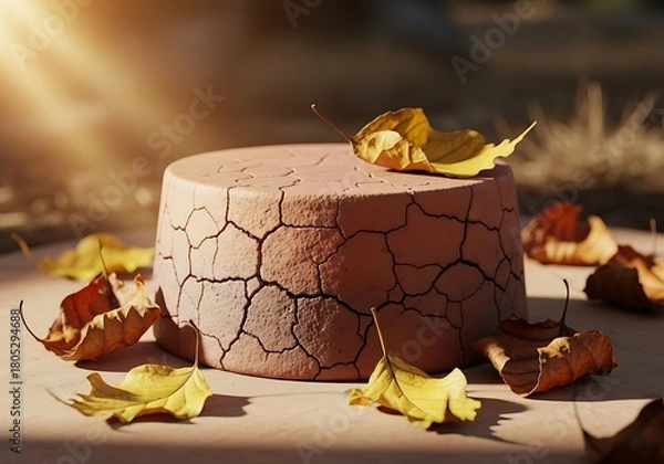 Obraz Cracked earth texture cylinder with fallen autumn leaves and warm sunlight creating a rustic natural scene