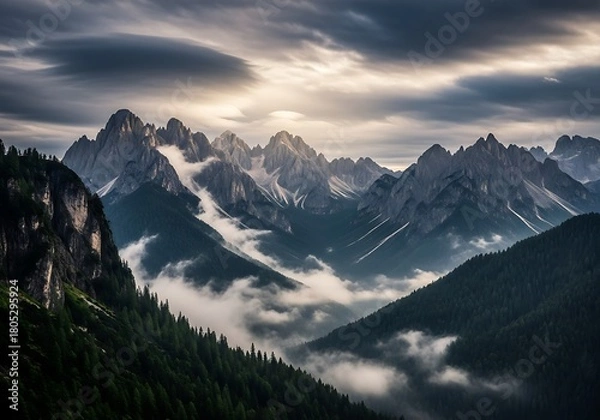 Obraz Dramatic storm clouds gather over jagged mountain peaks shrouded in mist and fog during sunrise