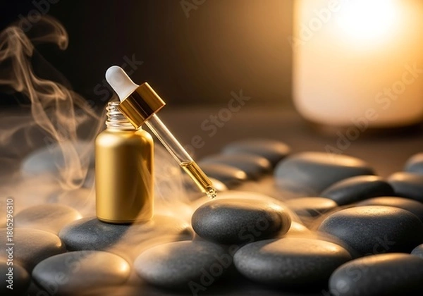 Obraz Golden dropper bottle with essential oil surrounded by smooth dark stones and wisps of smoke