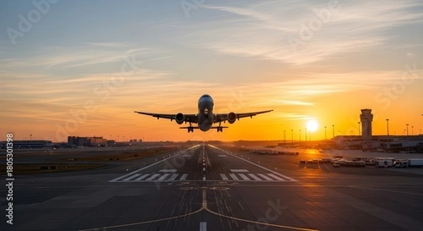 Obraz Witness a breathtaking airplane takeoff at sunset, perfect for travel blogs, aviation enthusiasts, and illustrating global connectivity beautifully