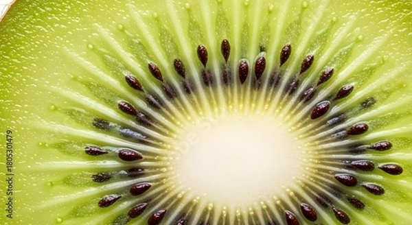 Obraz Vibrant kiwi fruit slice showing juicy green flesh and seeds, a healthy eating concept, promoting wellness and fresh organic produce, stunning macro view