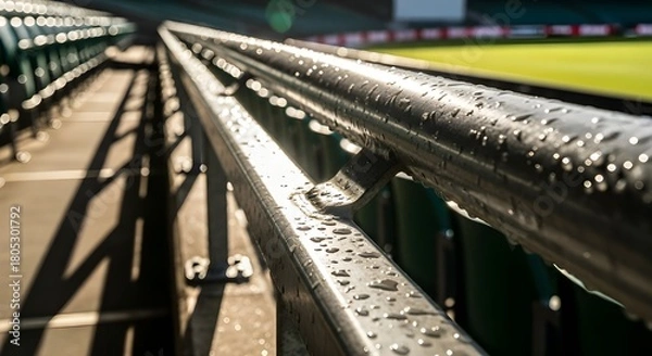 Fototapeta Invigorating scene of glistening water droplets on metal railings overlooking stadium seating after a refreshing rain shower in bright sunlight