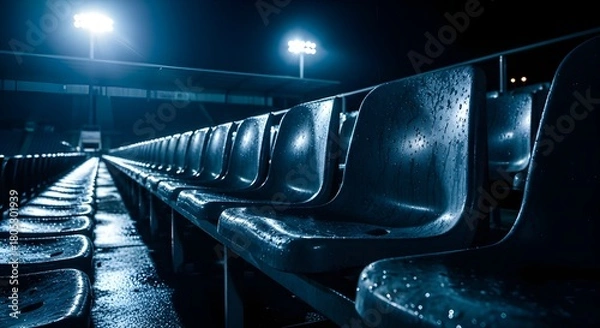 Obraz Empty stadium seats glisten after the rain, a powerful image evoking anticipation, memories, and the quiet beauty of sports arenas at night