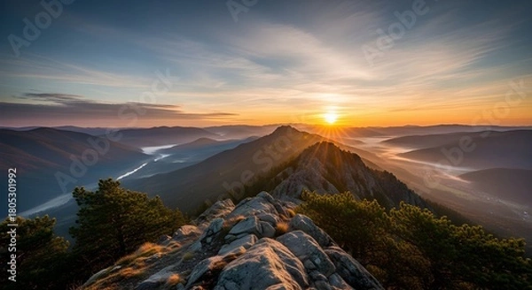 Obraz Stunning mountain sunrise with vibrant golden light streaming across the landscape, perfect for travel and adventure promotions, inspirational content