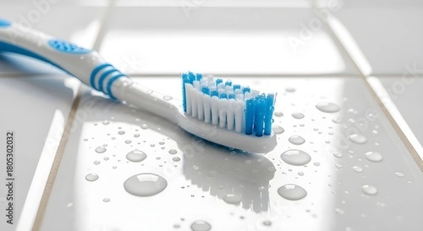 Obraz Fresh blue toothbrush on clean white tiles with water droplets for healthy living and dental care routine, promoting hygiene and a sparkling smile