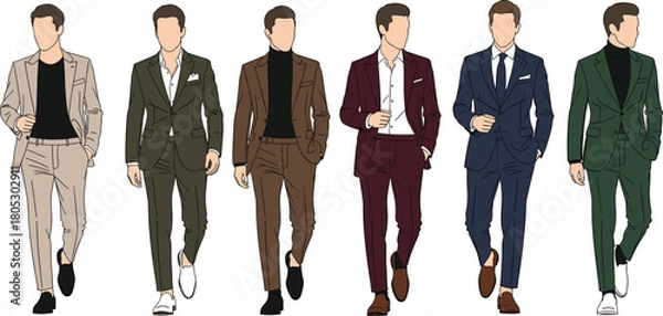 Obraz Collection of six fashionable men walking forward wearing diverse colorful formal and smart casual suits flat vector illustration.
