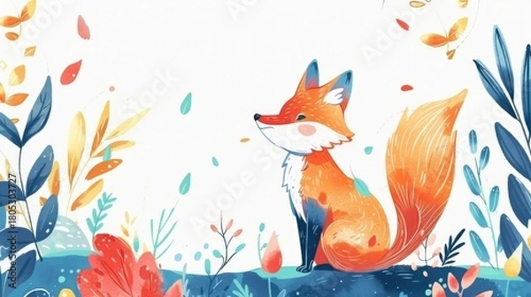 Obraz Watercolor fox with orange fur standing among colorful leaves and plants illustration