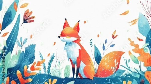 Obraz Watercolor fox with orange fur standing among colorful leaves and plants illustration