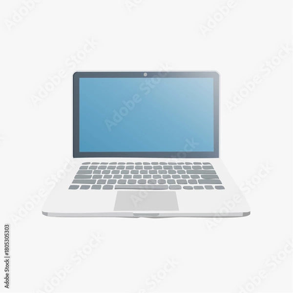 Fototapeta A modern silver laptop computer with a blank blue screen, isolated on a white background. Vector illustration of a portable electronic device for work or study