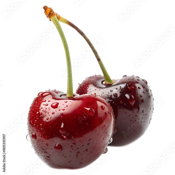 Obraz Juicy red cherry with water droplets isolated transparent background close up fresh fruit