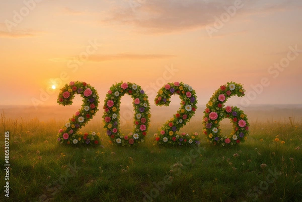 Obraz Numbers 2026, made up of fresh flowers, against the background of dawn.