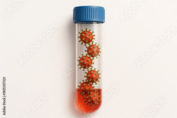 Obraz Red virus particles in a test tube with red liquid. Space for text.