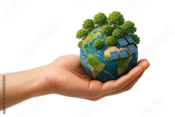 Obraz Globe in hand with trees and solar panels. Space for text.