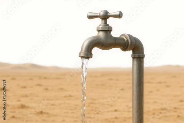 Obraz A water tap with flowing water in the middle of the desert. Space for text.