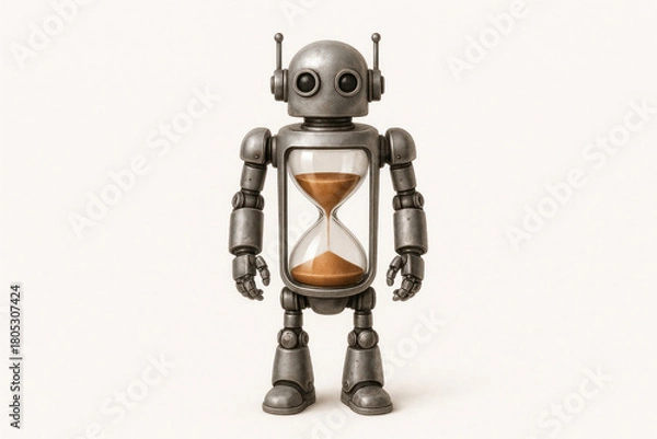 Obraz A metal robot with an hourglass inside. Space for text.