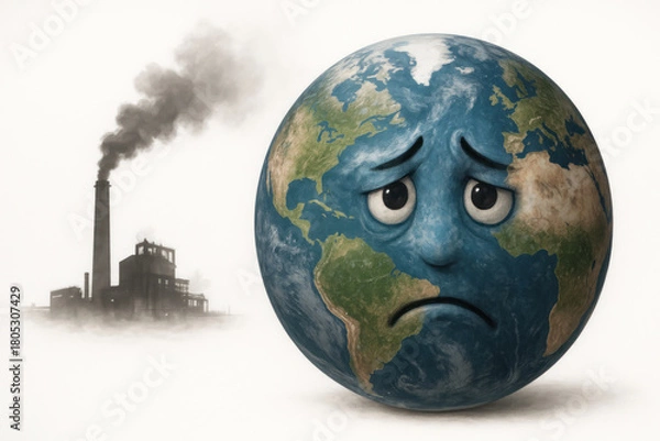 Obraz Sad planet Earth against the background of a plant with smoke.