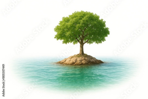 Obraz A lonely green tree on a small island in the middle of calm waters. Space for text.