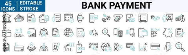 Fototapeta Bank and payment web line icons collection. cash, saving, financial goal, profit. Editable stroke. Vector illustration