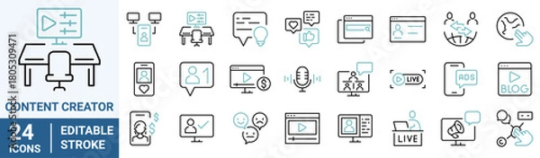Fototapeta Set Content Creator line web icons, media. Linear icon collection. Editable stroke. Vector illustration