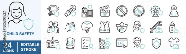 Fototapeta Child Safety line web icon set with protection, guarding, violence, abuse, neglect, quality education.