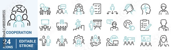 Fototapeta Cooperation web line icons. Organization, Containing people group, company, leadership, teamwork, networking, business, team, collaboration.