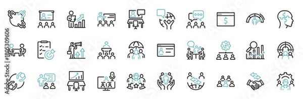 Fototapeta Business Process web line icon set. Set of 30 outline icons related to business process, progress, strategy, analysis, planning, management, improvement and others. Editable stroke. Vector illustratio