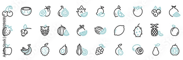 Fototapeta Fruits web line icons. Vegetables and berries. Editable stroke. Vector illustration