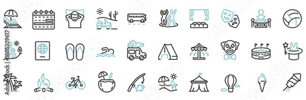 Fototapeta Holiday web line icons. Party, celebration, dancing, music, congrats and more. Editable stroke. Vector illustration