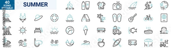 Fototapeta Set of 40 Summer icons. Vacation and beach web icons in line style. Travel, holiday, tourism, hotel, passport, maps, landscape, camera. Icon collection. Vector illustration.