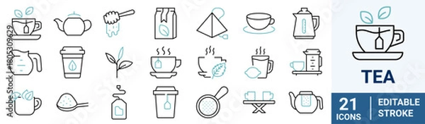 Fototapeta Breakfast line web icons. Food line icon set, salad, octopus soup, funchose, clam, chinese chicken, kebab,