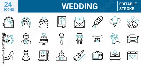 Fototapeta Set of 24 outline icons related to wedding. Linear icon collection. Editable stroke. Vector illustration