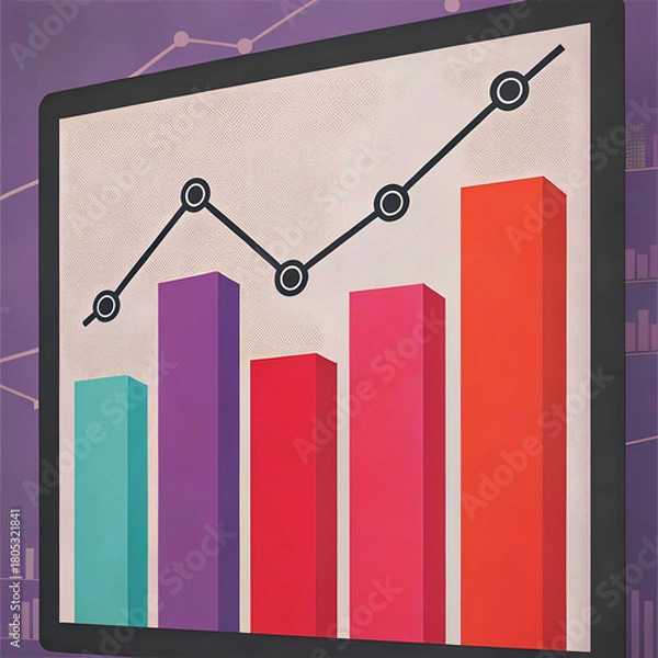 Fototapeta Colorful analytics illustration with tall bar chart in purple, blue, red and orange, overlaid by black line graph with circular markers, framed display screen on soft purple background.