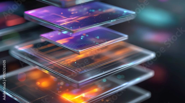 Fototapeta Layered transparent digital screens stacked diagonally with glowing tech details