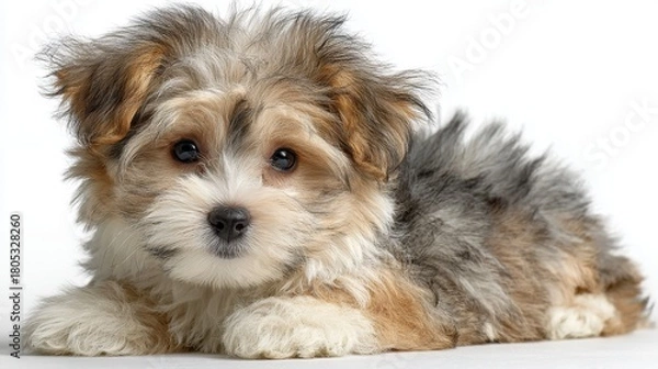 Fototapeta Cute puppy lies down on a white surface, fluffy, small, little, friendly, looking straight ahead with beautiful eyes, brown, black, and white fur