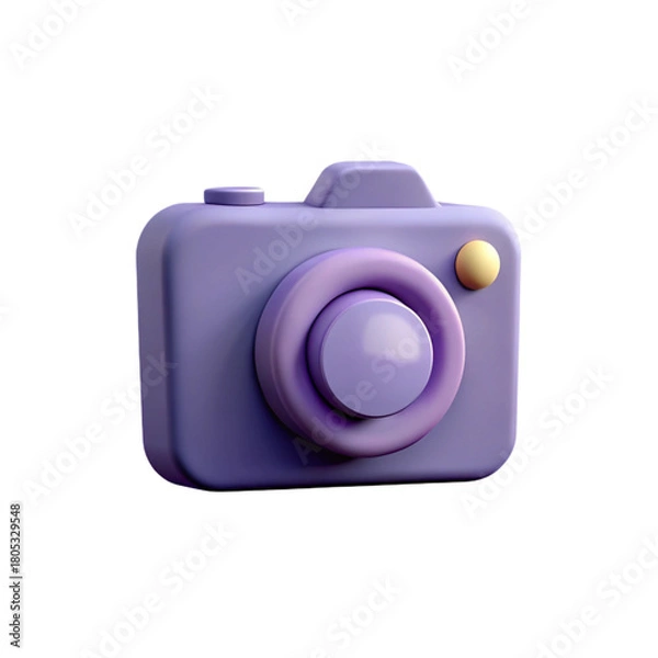 Fototapeta Purple camera icon. Purple 3D camera icon with rounded body, raised lens, and soft glossy highlights in minimal UI style.