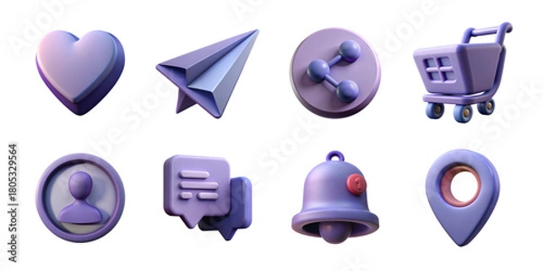 Fototapeta Purple interface icons. Purple UI icons including heart, paper plane, wrench gear, shopping cart, chat bubble, bell, and map pin in glossy 3D style.