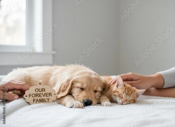 Obraz Peaceful Golden Retriever puppy and ginger kitten sleeping closely on a white blanket with an 'Our Forever Family' wooden sign and gentle human hands, soft natural light.