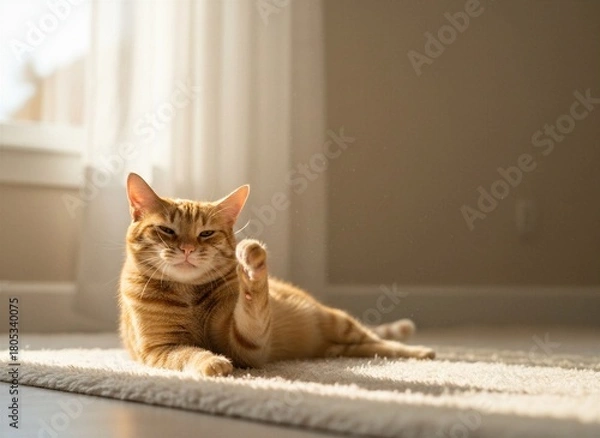 Obraz Playful ginger tabby cat with a raised paw lying on a cream fluffy rug, squinting in warm natural afternoon sunlight indoors.