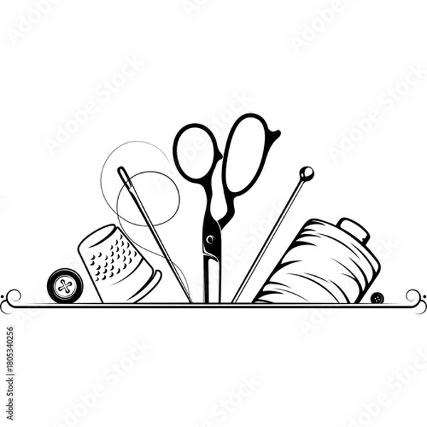 Obraz Scissors, sewing needle and thread frame. Design for sewing and cutting⁠
