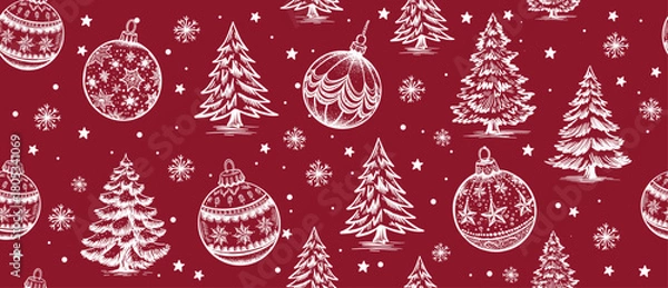 Fototapeta Christmas pattern with tree and toy on red, hand-drawn illustrations	
