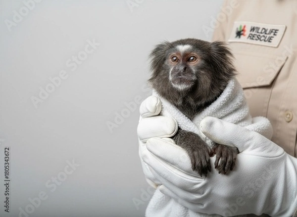 Obraz Small marmoset monkey wrapped in a white towel, gently held by a wildlife rescuer wearing white gloves and uniform, on a light gray studio background.