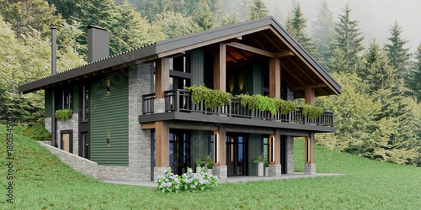 Fototapeta Private chalet-style house in green and stone in the mountains