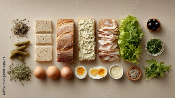 Fototapeta Neatly arranged sandwich ingredients including bread, turkey slices, lettuce, eggs, herbs, cheese, and pickles on a neutral background.