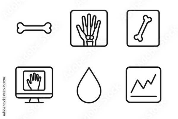 Fototapeta Medical icons of bones, x-ray, blood drop, computer monitor, and graph