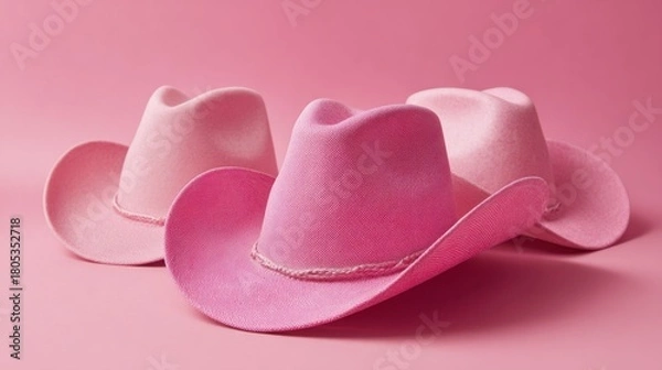 Obraz Three pink cowboy hats are displayed on a pink background. The hats are all different sizes and styles, but they all have a similar pink color