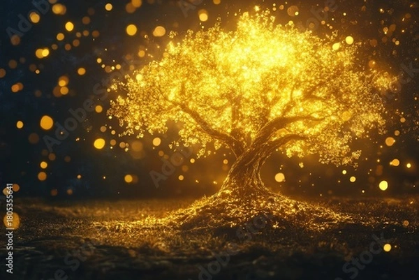 Fototapeta A luminous and enchanting tree radiates a warm golden light in a mystical atmosphere filled with sparkling enchantment
